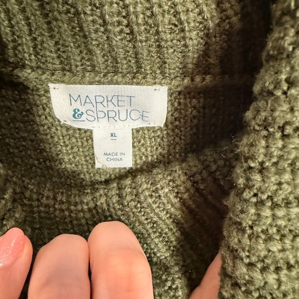 Market & Spruce Olive Green Cowl Neck Waffle Knit Sweater Thumbholes XL Cozy - Picture 7 of 8